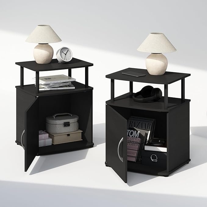 Furinno TIDUR Night Stand Set of 2, Nightstand with Open Shelf and Door Cabinet, Round Corner Bedside Table, End Table, Side Table, for Bedroom, Closet, Dorm, Black