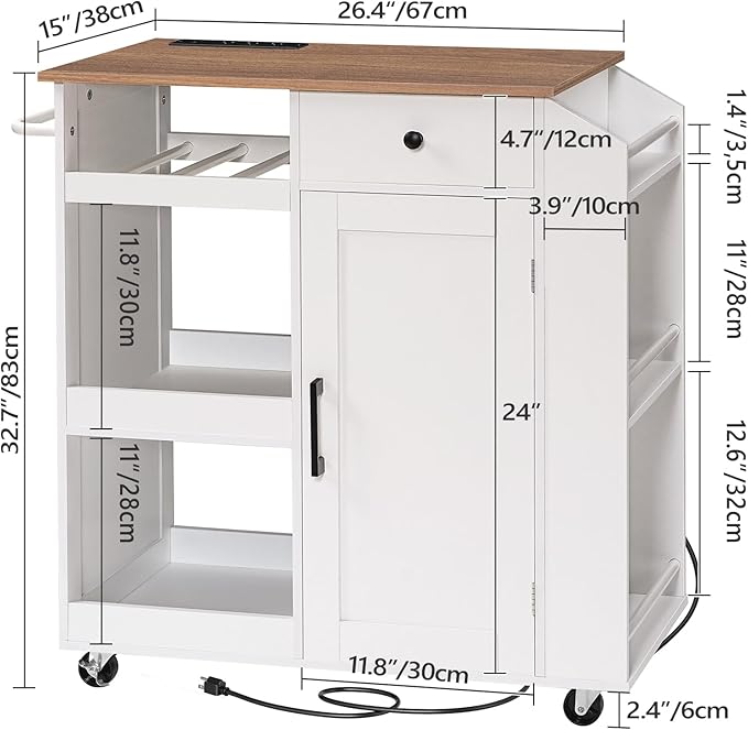 MAHANCRIS Kitchen Island with Power Outlet, Kitchen Storage Island with Drawer, Rolling Kitchen Cart on Wheels, Spice Rack, Towel Rack, Wine Rack, for Dining Room, White and Walnut KIBZ122E01