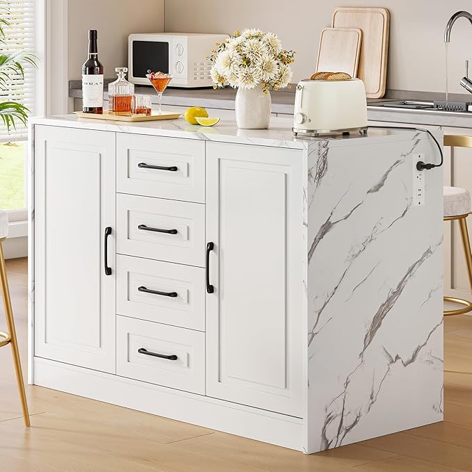 ONBRILL 47.3" Kitchen Island with 2 Storage Cabinets & 4 Drawers, Modern Imitation Marble Dining Table with Power Outlet, Island Bar Table for Kitchen, Dining Room, Living Room, White