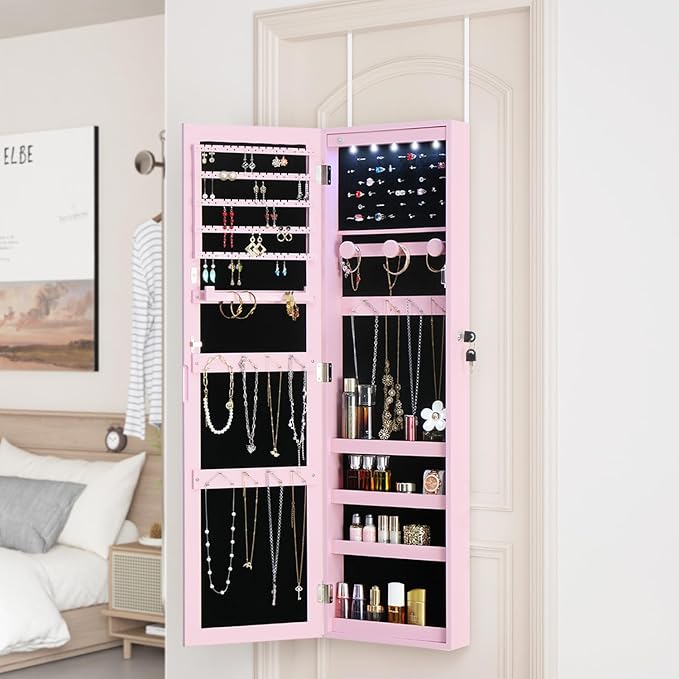 Full Length Mirror Jewelry Cabinet Organizer Lockable Door Wall-Mounted Jewelry Armoire with Shelves and Behind the Door Storage Pink