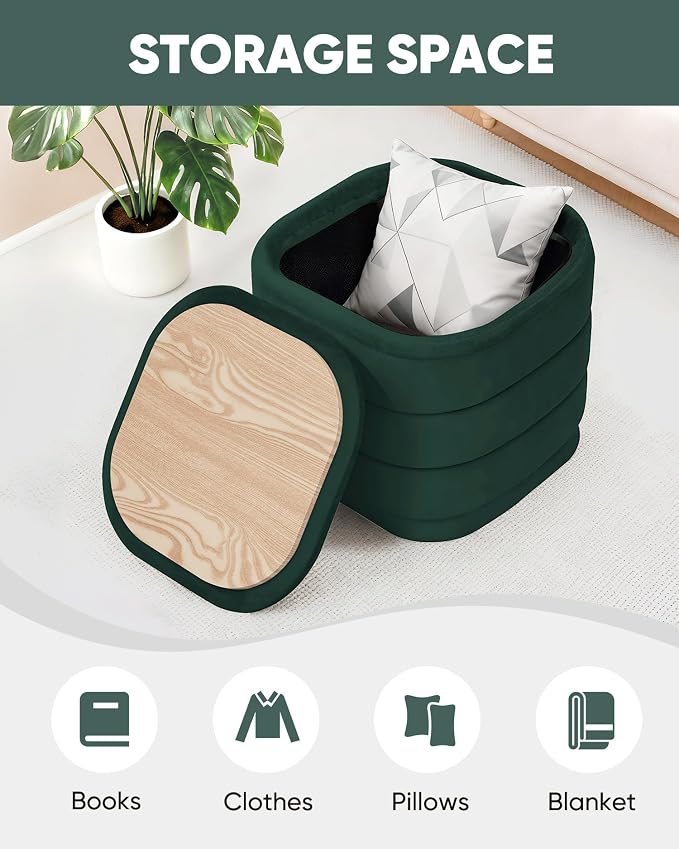 B FSOBEIIALEO Velvet Storage Ottoman with Tray, Square Folding Ottoman with Storage Coffee Table Foot Rest for Dorm Room, Living Room Bottle Green, 15"x15"x15"