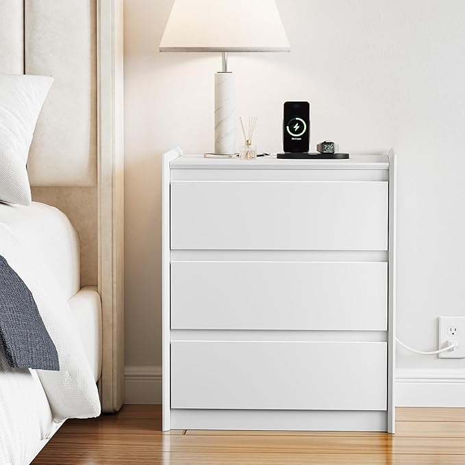 24" Tall Nightstand with Charging Station Including USB-C, Modern Bedside Table and Sofa End Table - White, 3 Drawers, 1-Pack