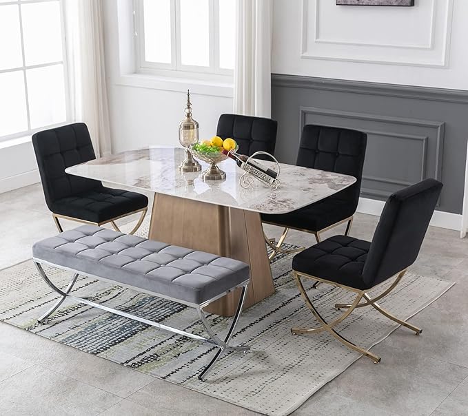 DUOMAY Modern Tufted Ottoman Bench, Velvet Upholstered Dining Bench, Button Tufted Footrest Stool Vanity Seat with with X Metal Legs, 45.75" W x 16.5" D x 19.25" H, Grey