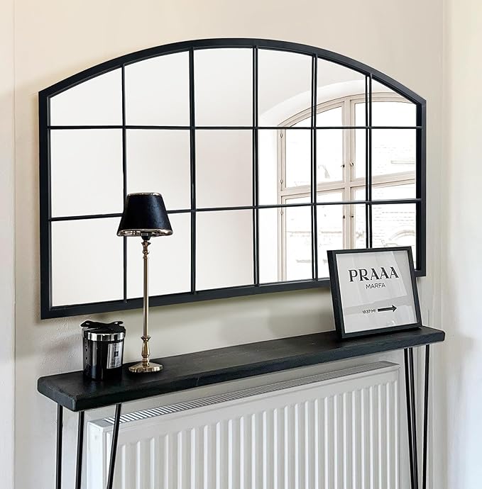 WAMIRRO Black Grid Wall Mirror,Wide Window Pane Black Mirror,Farmhouse Arched Wall Mirror,Mantel Mirror for Fireplace/Entryway/Hallway/Living Room,44“X28”