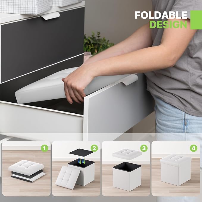 Magshion Small Folding Storage Ottoman Cube, 15 Inches PU Leather Footrest Stool, Square Ottoman with Storage for Entryway, Living Room, Bedroom, White