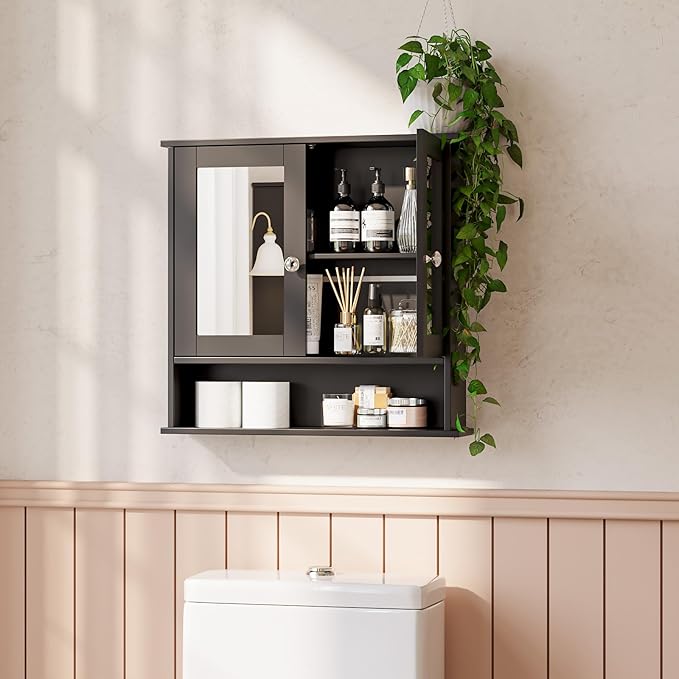 VINGLI Black Medicine Cabinet with Mirror, Wall Mounted Bathroom Cabinet with Open Shelf, 2-Door Hanging Storage Organizer Over Toilet, Adjustable Shelves for Vanity, Living Room, 22x23 Inch