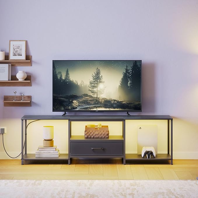 JARHETUN TV Stand with LED Lights, Entertainment Center with Open Shelves and Fabric Drawer, Media Console for 80 Inch TV, Television Stands for Living Room, Bedroom, Black
