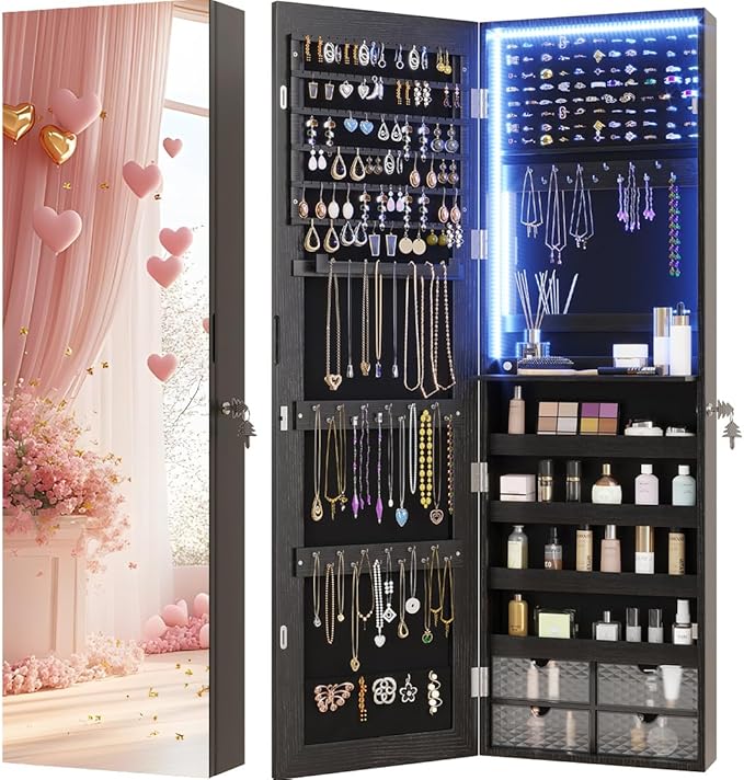 Vlsrka 47.2" LED Jewelry Armoire Organizer, Wall/Door Mounted with Full Length Mirror, Large Storage Hanging Cabinet, 4 Drawers, 5 Shelves, Built-in Lighted Mirror (Wood Black)