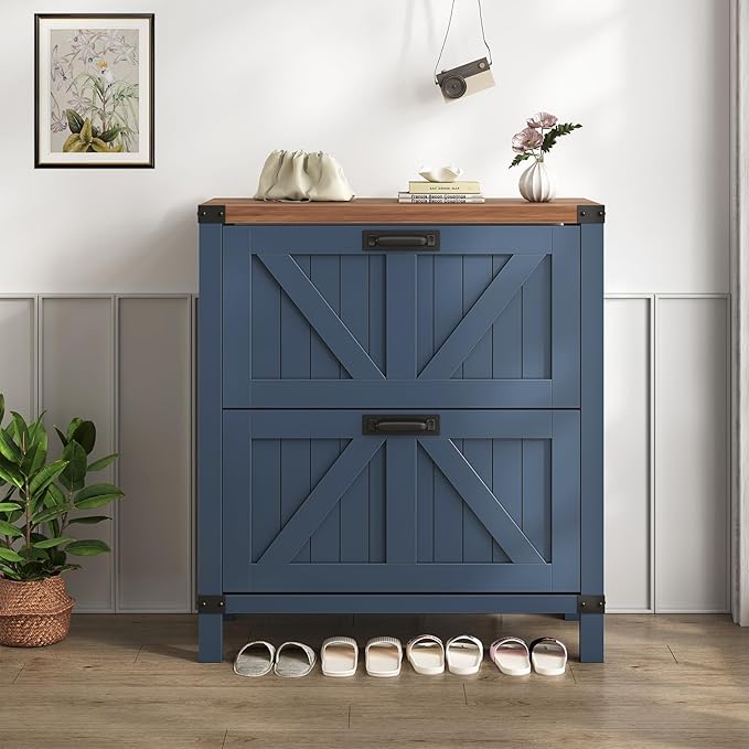 YOMILUVE Shoe Cabinet with 2 Flip Drawers, Farmhouse Shoe Storage Cabinet for Entryway, Slim Shoe Rack Freestanding Shoe Organizer with Barn Door, Blue