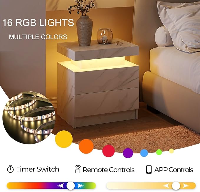 White Nightstand Modern End Tables for Bedroom Nightstand with Led Lights Side Table for Bedroom with Drawer White