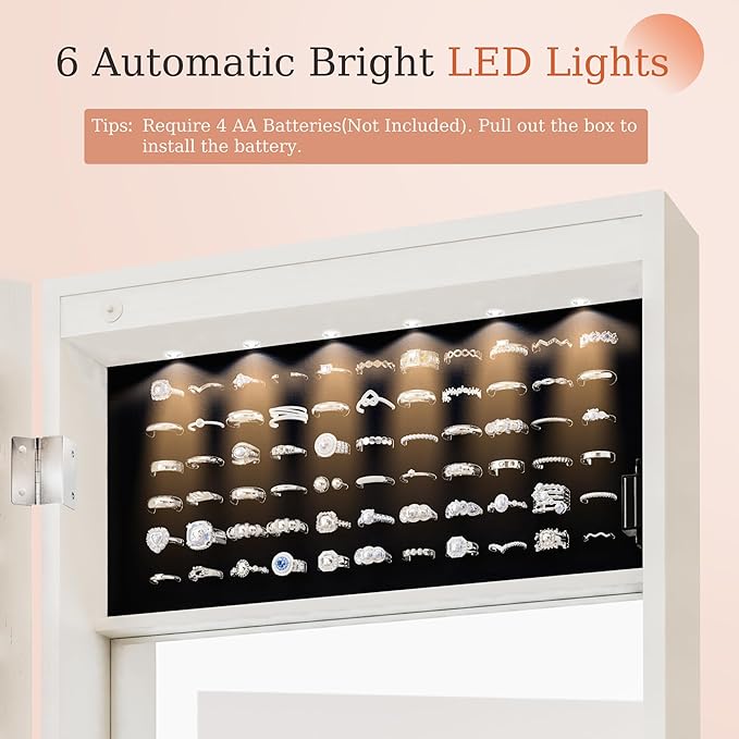 Unisakey Mirror Jewelry Cabinet,Lockable Wall or Door Mounted Jewelry Armoire Organizer With Built-up Mirror,LED Lights, Drawers,Cosmetic Trays,Shelves, 14.4"x3.15"x 43.1"（White）
