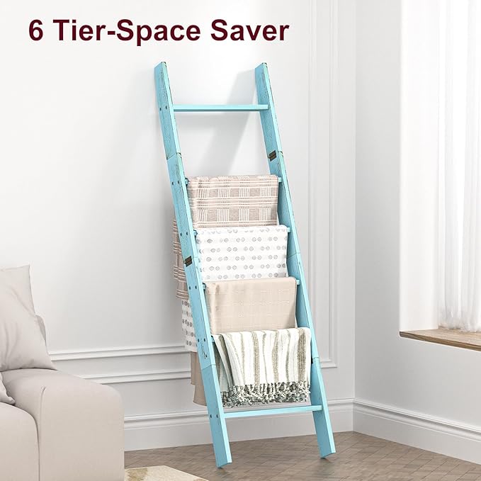 Honest Blanket Ladders for The Living Room, 6-Tier Blanket Holder, Wall-Leaning Blanket Rack, Ladder Shelves, Wooden Quilt Ladder, Farmhouse Decor, Blue