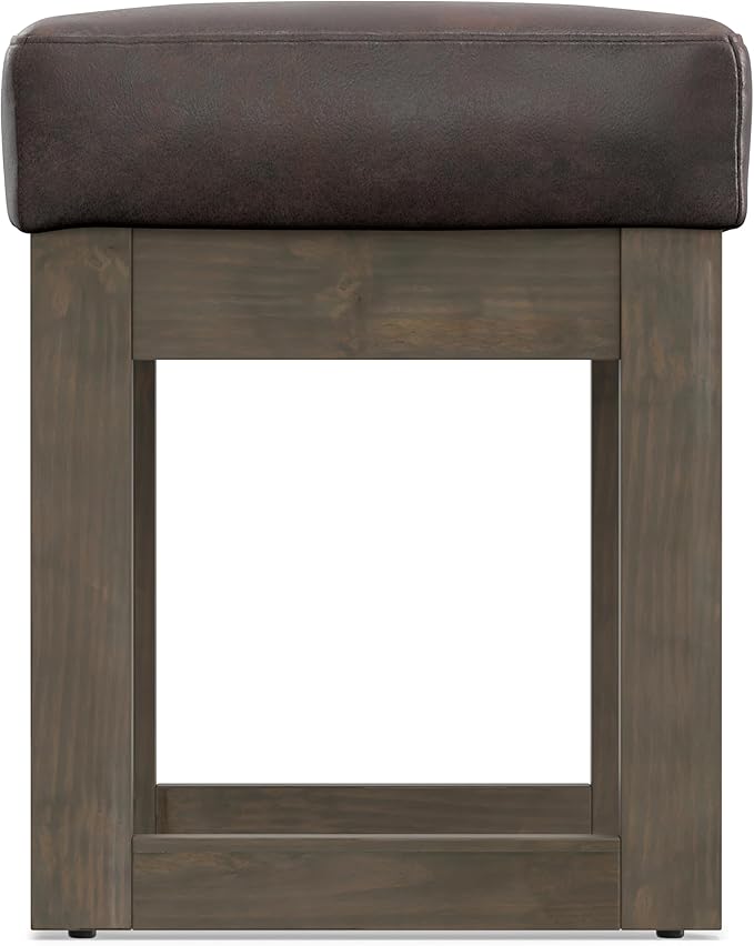 SIMPLIHOME Milltown Small Ottoman Bench - 27" Wide x 18" High Upholstered Vegan Leather Rectangle Footstool Ottoman in Distressed Brown, Contemporary Bench for Bedroom with Cushioned Seat, Assembled