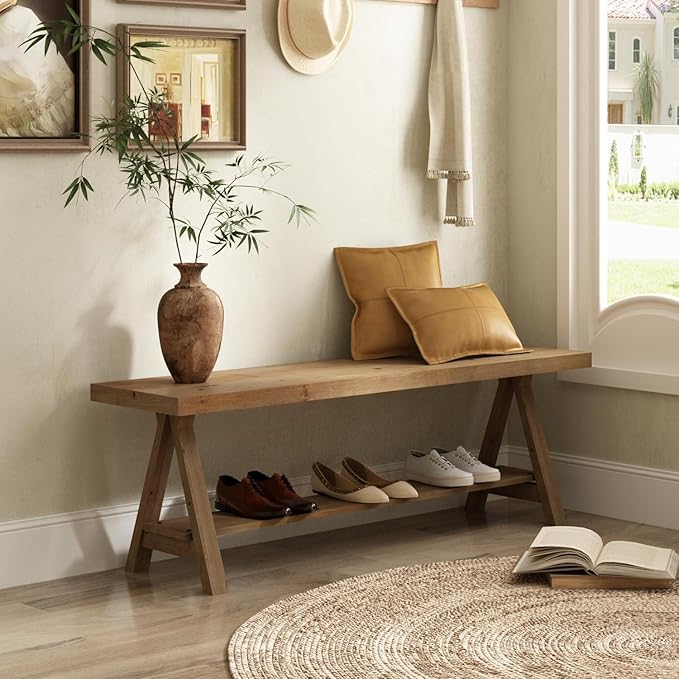 RowyPoey 54" Solid Wood Bench, Long Farmhouse Entryway Bench with Storage Shelf, Triangular Leg Design, Narrow Rustic Benches for Hallway, Bedroom, Dining, Kitchen, Easy Assembly