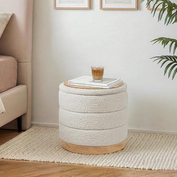 Round Storage Ottoman with Reversible Tray Lid, Folding Chenille Fabric Footrest with Hidden Storage, 15.4" Footstool for Small Spaces Living Room Bedroom, Wood Grain Base, Cream White
