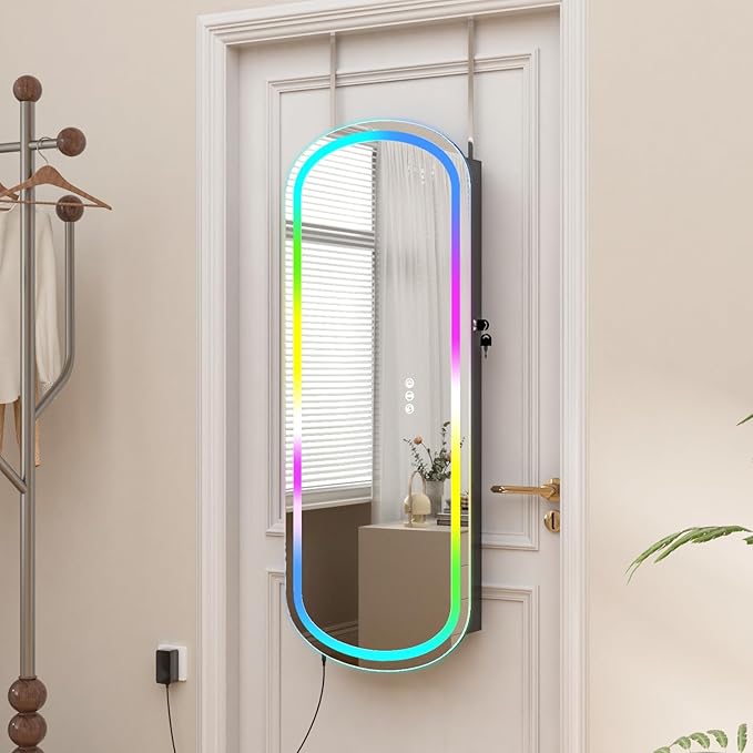 RGB Lighted Mirror Jewelry Armoire Organizer,LED Jewelry Cabinet Wall/Door Mounted, Over the Door Full-Length Lockable Rounded Wide Mirror with Storage Interior Mirror Black Gift for Her Chrismas
