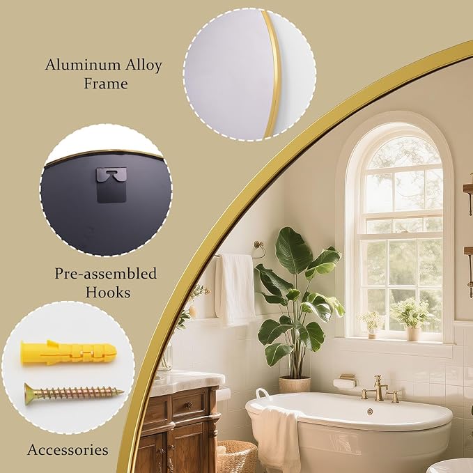 XRAMFY 40 Inch Round Mirror - Circle Mirrors for Bathroom, Entryway and Living Room Wall Decor, Modern Hanging Vanity Mirror, Matte Gold Circle Decorative Wall Mirror