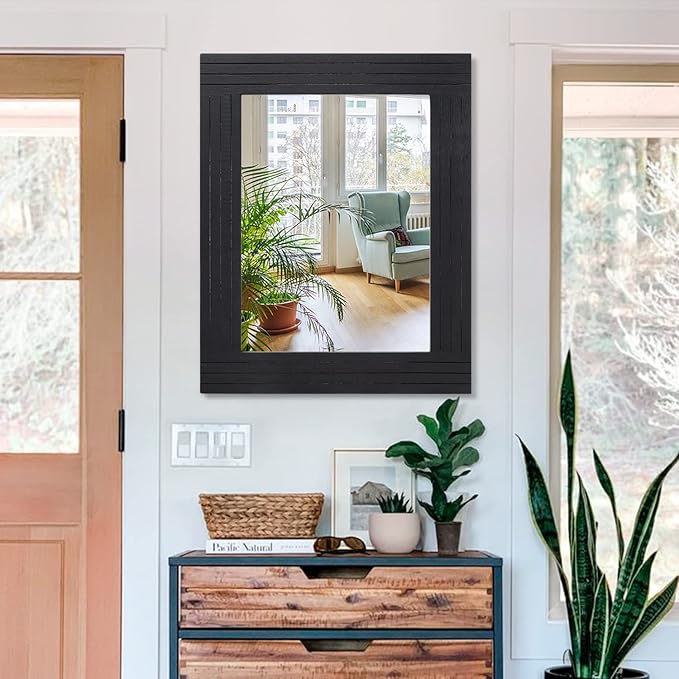 Black Rectangular Vintage Rustic Wood Framed Large Mirror - Deco Farmhouse Living Room Bathroom Bedroom Entrance - 26" x 18"