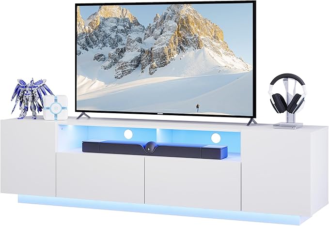 WLIVE LED TV Stand with Large Storage Cabinet, Modern Entertainment Center for 55/60/65/70/75 Inch TVs, Sturdy TV Console for Living Room, Bedroom,Rec Room(White)