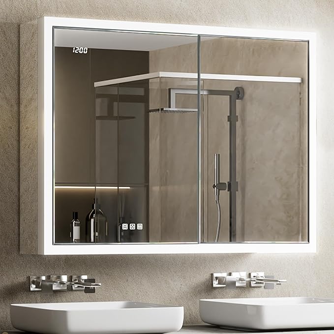 40x30 Recessed or Surface Lighted Medicine Cabinet with Mirror & Clock, Fogless Aluminum Medicine Cabinet with Dimmable Light & Outlet, Anti-fog, Built-in Sensing Light & 3 Adjustable Shelves