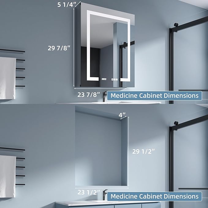 LED Medicine Cabinet Mirror, 24x30 Inch Bathroom Storage, Recessed/Wall Mount, Plug-in/Hardwired, 3 Color Dimmable Light, Anti-Fog, Time Temp Display, Right Hinge