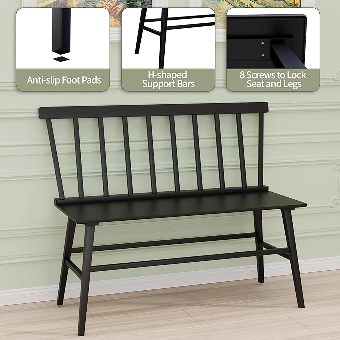 APRTAT Bamboo Entryway Bench, Farmhouse Dining Bench with Spindle Back 3 Person Indoor Bench Chair Wood Windsor Bench Durable Easy Assembly for Foyer Balcony Hallway Living Room (Black)