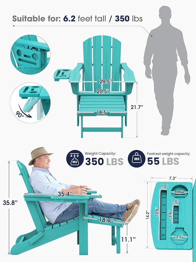 KINGYES Adjustable Folding Adirondack Chair with Footrest & 4-in-1 Multi-Functional Holder Set of 2, HDPE Reclining Adirondack Chair with Pull-Out Ottoman, Aruba