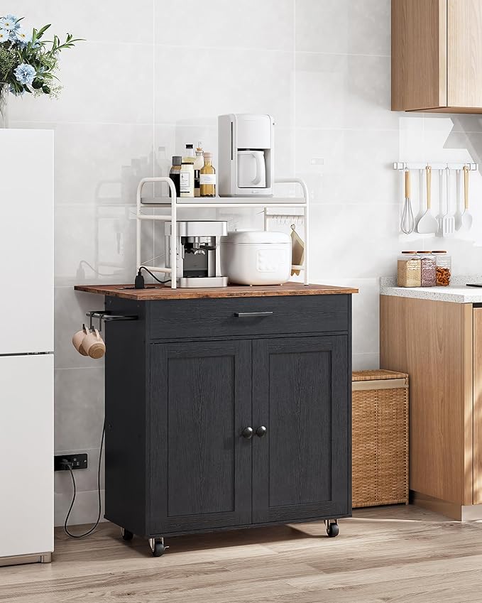 CHOEZON Kitchen Island, Kitchen Island Cart with One Double Cabinet and Drawer, Rolling Storage Cart with Power Strip, with Drop Leaf, for Kitchen, Living Room, Black and Rustic Brown MZD01UBFN1