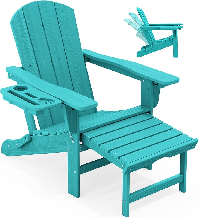 KINGYES Adjustable Folding Adirondack Chair with Footrest & 4-in-1 Multi-Functional Armrest Organizer, HDPE Foldable Recliner Adirondack Chair with Pull-Out Ottoman, Aruba