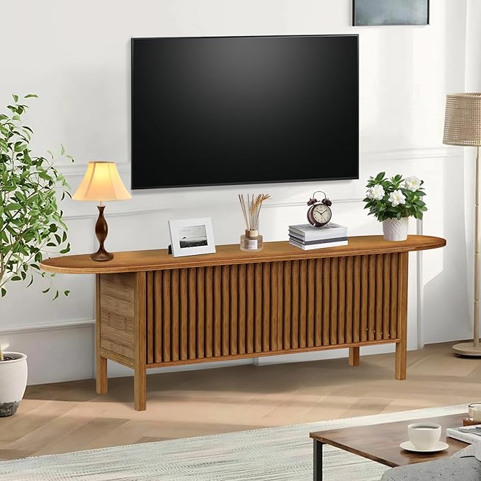 Bamboo TV Stand for TVs up to 65", Accent Entertainment Center with Storage, Media Console Table with Fence Door, Modern TV Stand for Living Room, Bedroom, 55"(L), Walnut