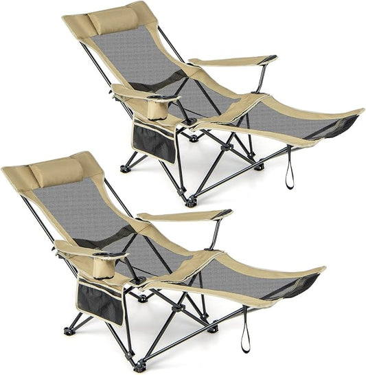 GYMAX Camping Chair, Adjustable Reclining Lounge Chair w/Removable Footrest, Padded Pillow, Cup Holder & Side Pocket, Folding Camping Mesh Chair w/Carry Bag for Outdoor Patio Lakeside (2, Khaki)