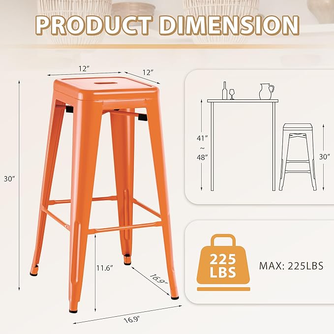 Furmax 30 Inch Metal Bar Stools Set of 4, Counter Height Stools, Industrial Bar Chairs Patio Stool Stackable Stool for Kitchen/Dining Room/Indoor Outdoor(Orange, 30'' Backless)