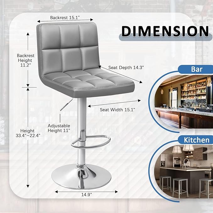 Homall Bar Stools Modern PU Leather Adjustable Swivel Barstools, Armless Hydraulic Kitchen Counter Bar Stool Extra Height Square Island Barstool with Back Set of 2 (Leather, Gray)