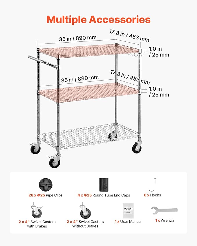 VEVOR Kitchen Utility Cart, 3 Tier Heavy Duty Adjustable Wire Storage Rack, Commercial Steel Rolling Service Trolley on Wheels, Work Table with Handle Bar, for Garage and Laundry Room, 35x17.8x40.9 in