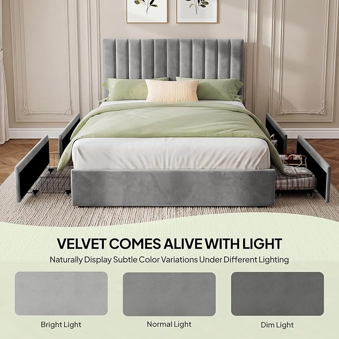 Welzona Queen Upholstered Bed Frame with 4 Storage Drawers, Velvet Upholstered Metal Platform Bed with Vertical Tufted Headboard, 3-Level Height, Metal Slat Support, Noise-Free Easy Assembly, Grey