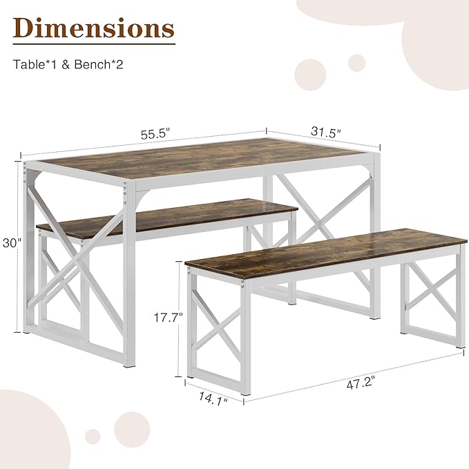 VECELO 55” Kitchen Dining Table Set for 4, Heavy-Duty Steel Frame & Wood-Grain Tabletop, Space-Saving Dinette Sets with 2 Benches for Breakfast Nook and Small Space, Drak Brown