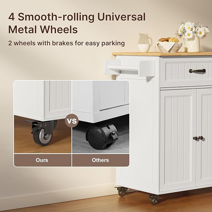 Gizoon Kitchen Island Cart with Adjustable Shelf, 33" W Mobile Trolley Cart on Metal Wheels with Drawer & Storage Cabinet, Spice Rack & Towel Rack, for Dining Room, Bar, White, Tabletop-Oak Color