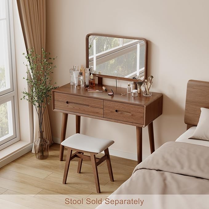Solid Wood Vanity with Mirror and Lights, Adjustable Brightness, Wood Makeup Vanity with 3 Drawers, Semi-Assembled, Vanity Desk for Bedroom (Walnut)