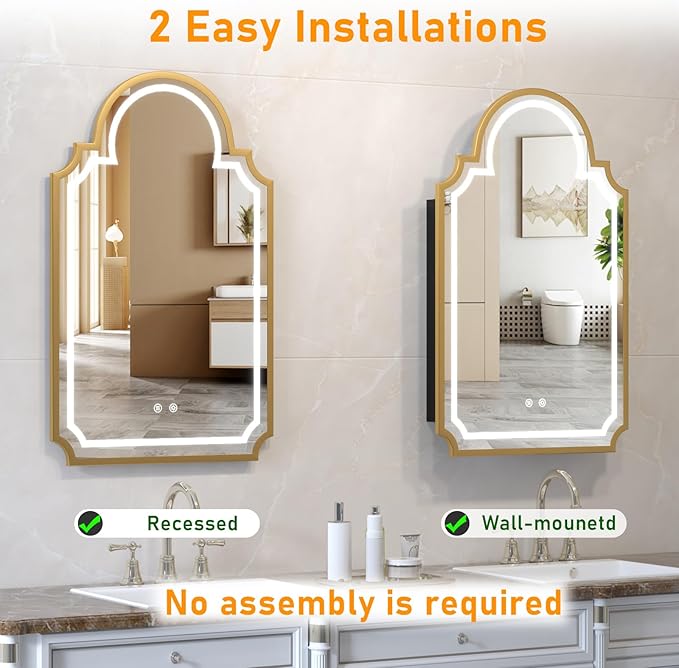20"x32" LED Medicine Cabinet with Mirror, Recessed or Surface Mount Medicine Cabinets for Bathroom, Full Metal, Decorative Art Arched Mirror with Storage, 2 Shelves and 1 Organizer Box, Bling Gold