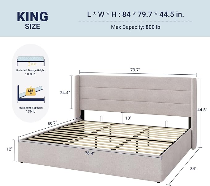 Allewie King Size Lift Up Storage Bed, Modern Wingback Headboard, Hydraulic Support, No Box Spring Needed, Light Beige