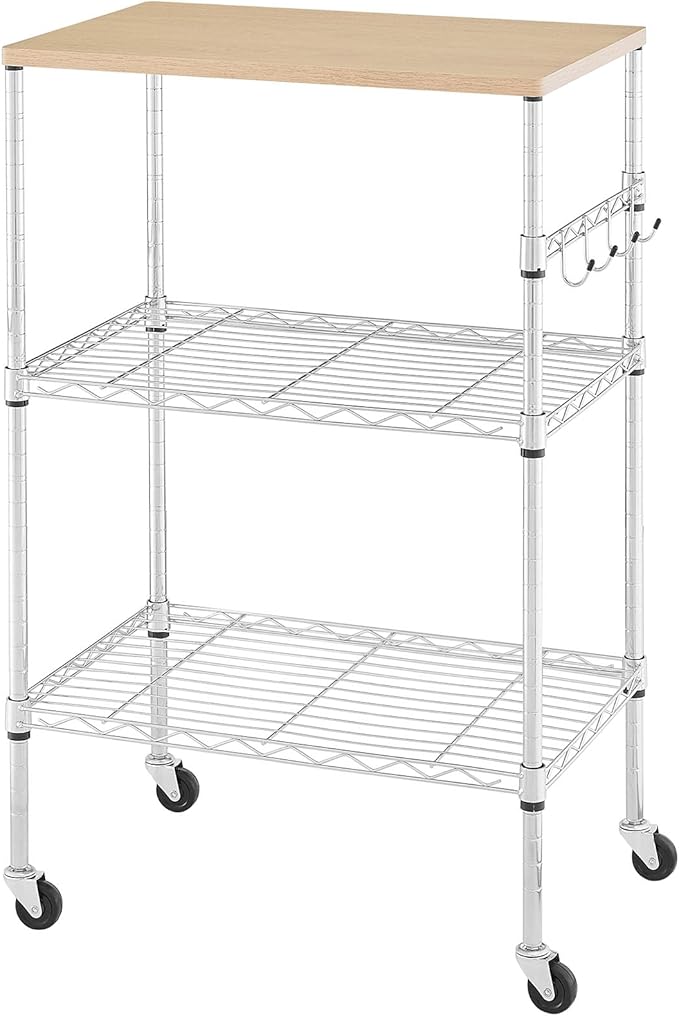 BolDuck 450Lbs Capacity Microwave Cart with Wheels, 3 Tier Rolling Cart with Adjustable Shelves, Multifunctional Metal Utility Storage Kitchen Carts on Wheels, 23.6" L*15.7" W*37" H, Wood+Chrome