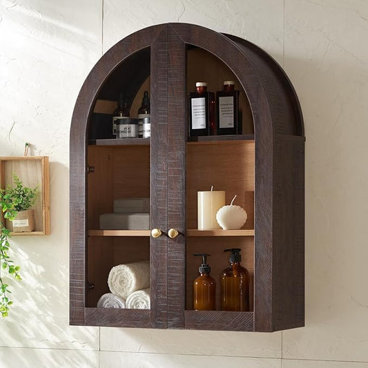 Bathroom Arched Wall Cabinet,23.5'' Wide Medicine Cabinet, Bathroom Cabinet Wall Mount W/Glass Doors & Adjustable Shelves, Over The Toilet Storage Cabinet for Laundry Room, Bedroom,Kitchen, Brown