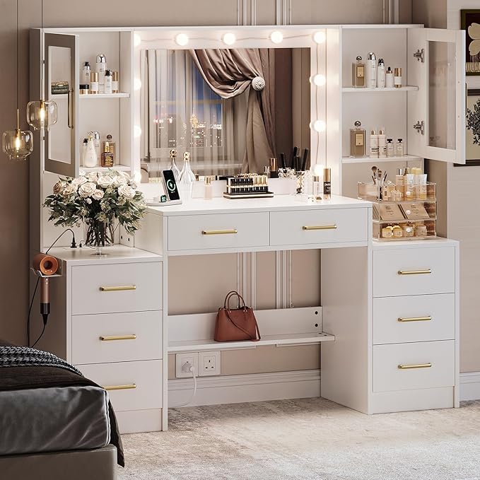 TOKSOM White Vanity Desk with Mirror, Lights & Charging Station, 58" 3 Lighting Modes Makeup Desk with 8 Drawers, 2 Cabinets and Lots Storage, Dressing Table Vanity Set with Lighted Mirror
