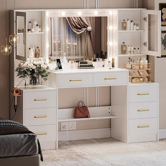 TOKSOM White Vanity Desk with Mirror, Lights & Charging Station, 58" 3 Lighting Modes Makeup Desk with 8 Drawers, 2 Cabinets and Lots Storage, Dressing Table Vanity Set with Lighted Mirror