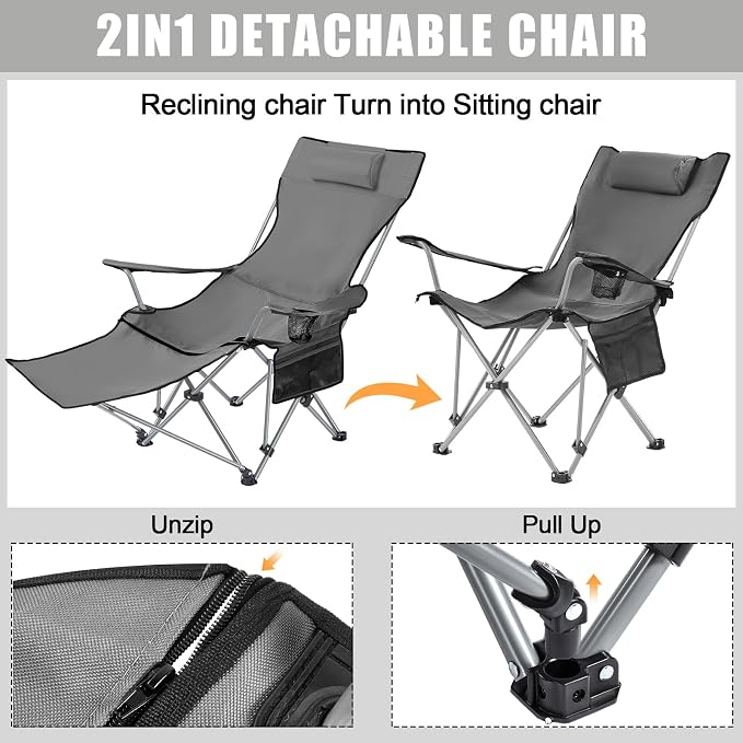Yuntau 2 Set Reclining Beach Chairs with UPF 50+ Umbrellas Shade, Upgraded Heavy Duty Portable Folding Lounge Camping Chair with Canopy Removable Footrest & Headrest for Outdoor Patio(Grey)