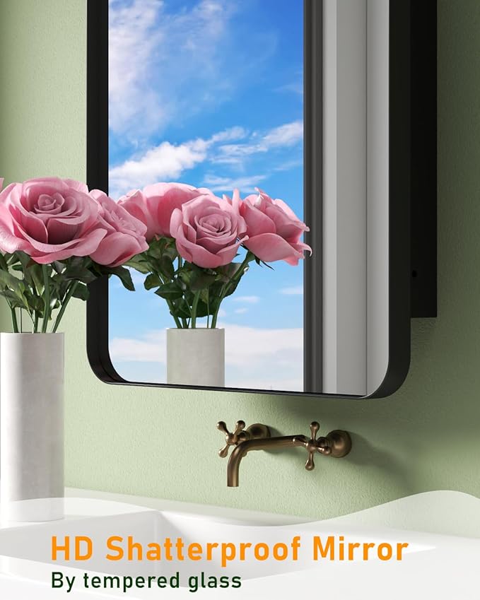 16"x24" Black Recessed Medicine Cabinet, Bathroom Surface Mount Medicine Cabinet Bathroom Mirror with Storage, Waterproof Full Body Metal, Stable and Removable 2 Metal Shelves, Easy Installation
