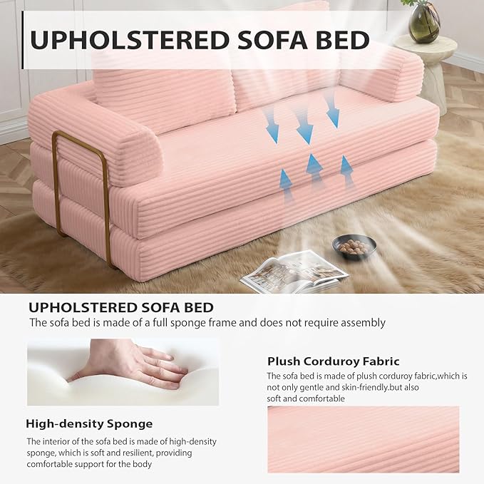 HANXIN 80 Inch Convertible Sleeper Sofa Bed, High Back Plush Corduroy Folding Floor Mattress Couch with Fixed-Shape Frame, Boneless Futon Loveseat with Pull Out Bed, No Assembly Required (Pink)