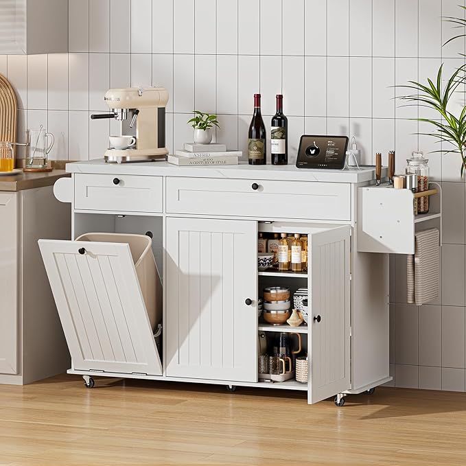 60" Kitchen Island with Power Outlet & Drop Leaf, Kitchen Rolling Island with Spice Rack & Towel Rack, Knife Holder, Kitchen Island Cart with Trash Storage Cabinet, Mobile Island Table for Kitchen