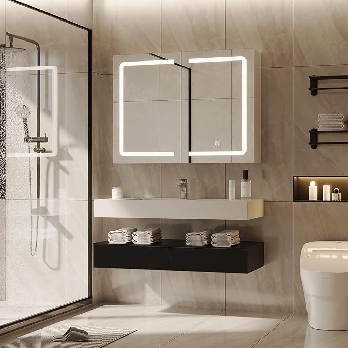 DICTAC Medicine Cabinet with Mirrors and Storage 31.5''x23.6'' Wall Mounted Bathroom Mirror Cabinets with Led Lights Double Doors Mirror Lighted Medicine Cabinets with Adjustable Storage Shelf,White