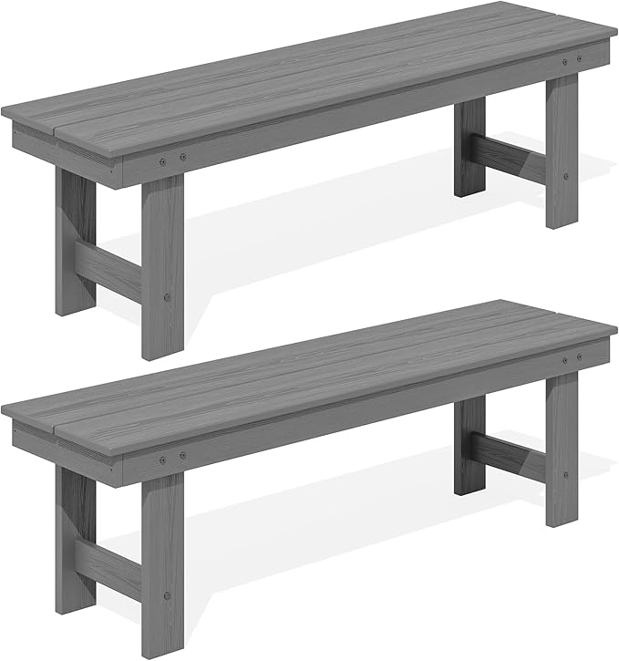 SERWALL 2-Person Outdoor Bench Backless, HDPE Outdoor Benches Weatherproof, 660 Lbs Weight Capacity, Poly Lumber Patio Furniture for Garden, Porch and Park, Grey, 2 Pack
